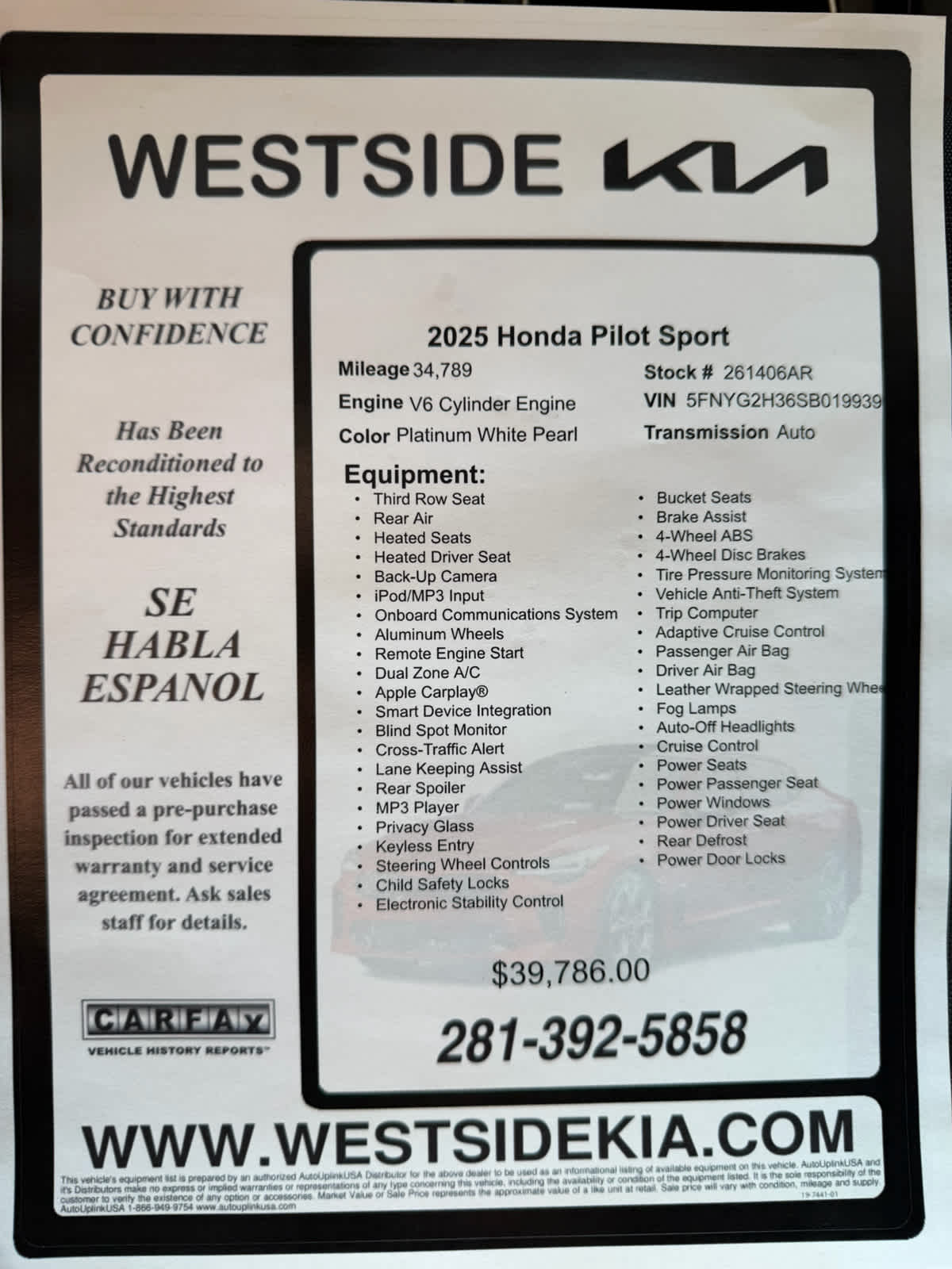 2025 Honda Pilot Sport 2WD